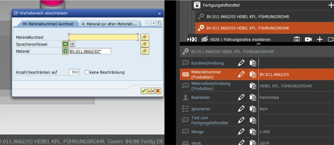 Screenshot aus TIO, visualisiert die rechts Seite der Software, welche die M-BOM zeigt