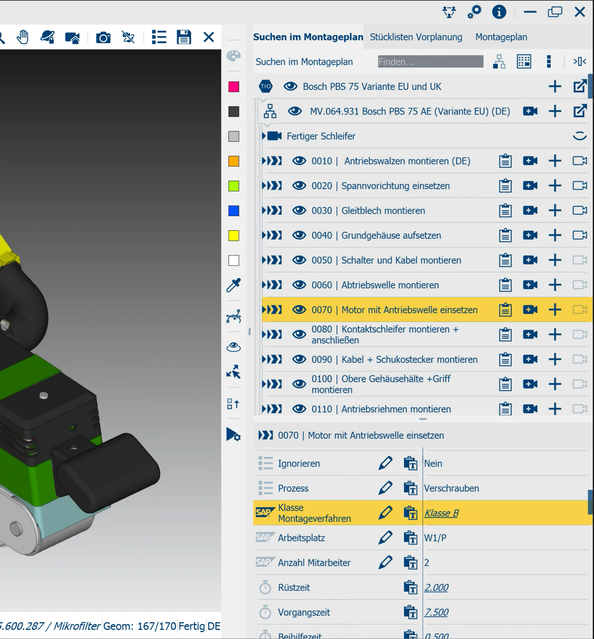 Screenshot aus TIO, visualisiert die rechts Seite der Software, welche die M-BOM zeigt